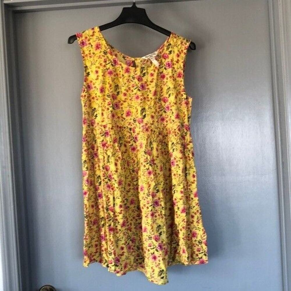 Cottagecore sz S Yellow Floral Sleeveless Babydoll Mini dress Scoop Neck